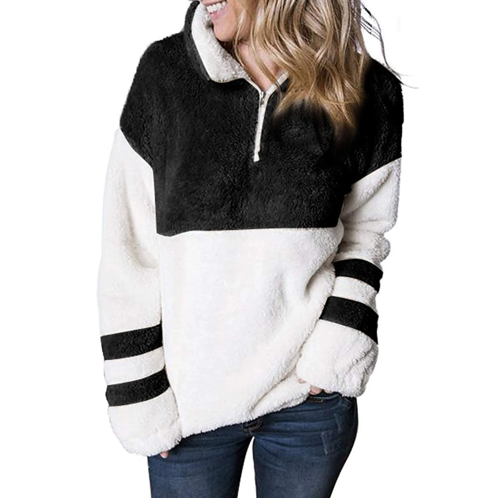 

Hirigin 2021 Fashion Plush Top Women Color Block Sweatshirt Autumn Winter Adults Loose Long Sleeve Zipper High Collar Pullover