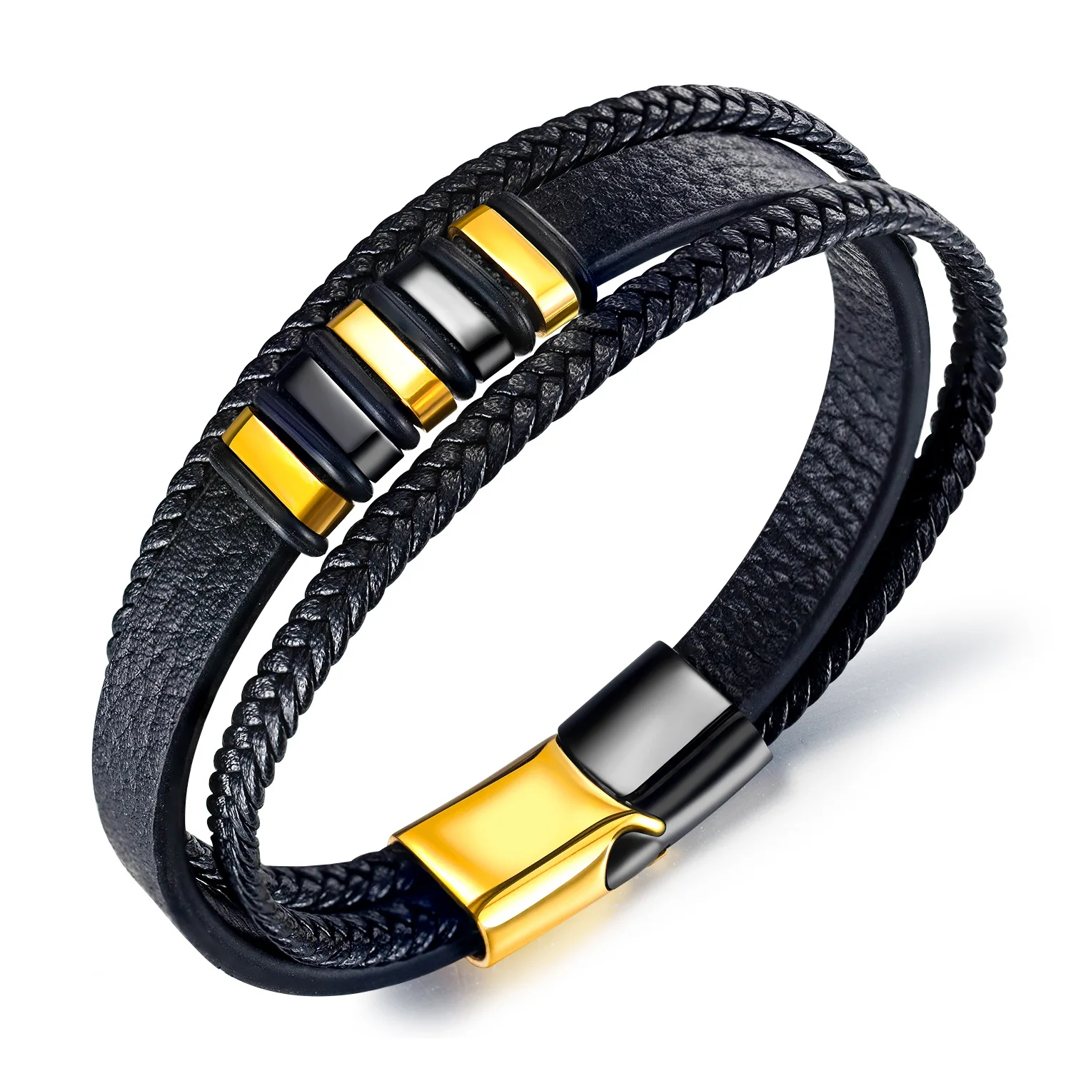 

Mens Black Bracelet Leather Braided Bracelets Stainless Steel Wristband Bangle