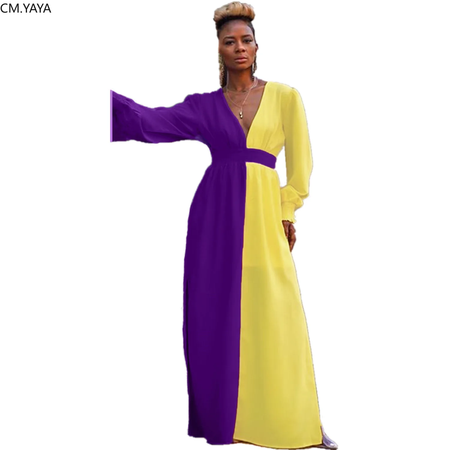 Осеннее женское двухцветное Лоскутное Платье макси с длинным рукавом и