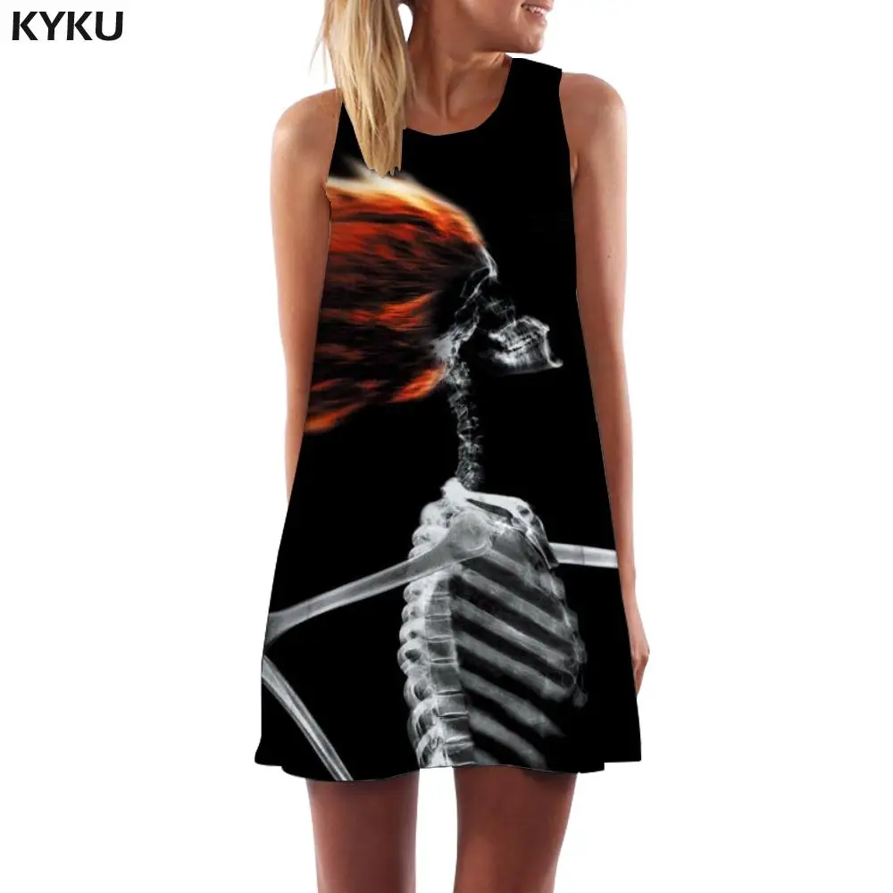 

KYKU Brand Skull Dress Women Skeleton Beach Hair Dryer Office Hip Hop Sundress Womens Clothing Vintage Ladies Large Sizes