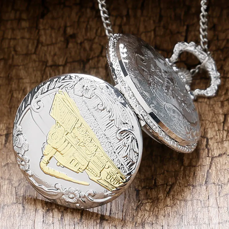 Quartz Pocket Watch Exquisite Train Design Case Watch Silver Pendant Necklace Chain Fashion Gift Sets for Friend