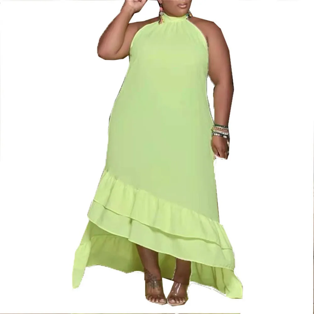 

2021 Summer New Plus Size Women's Clothing Solid Color Temperament Commute African Sleeveless Halter Irregular Dress Casual