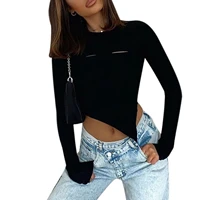 womens sexy hole autumn polyester casual cutout crop tops long sleeve round neck irregular hem solid color t shirts
