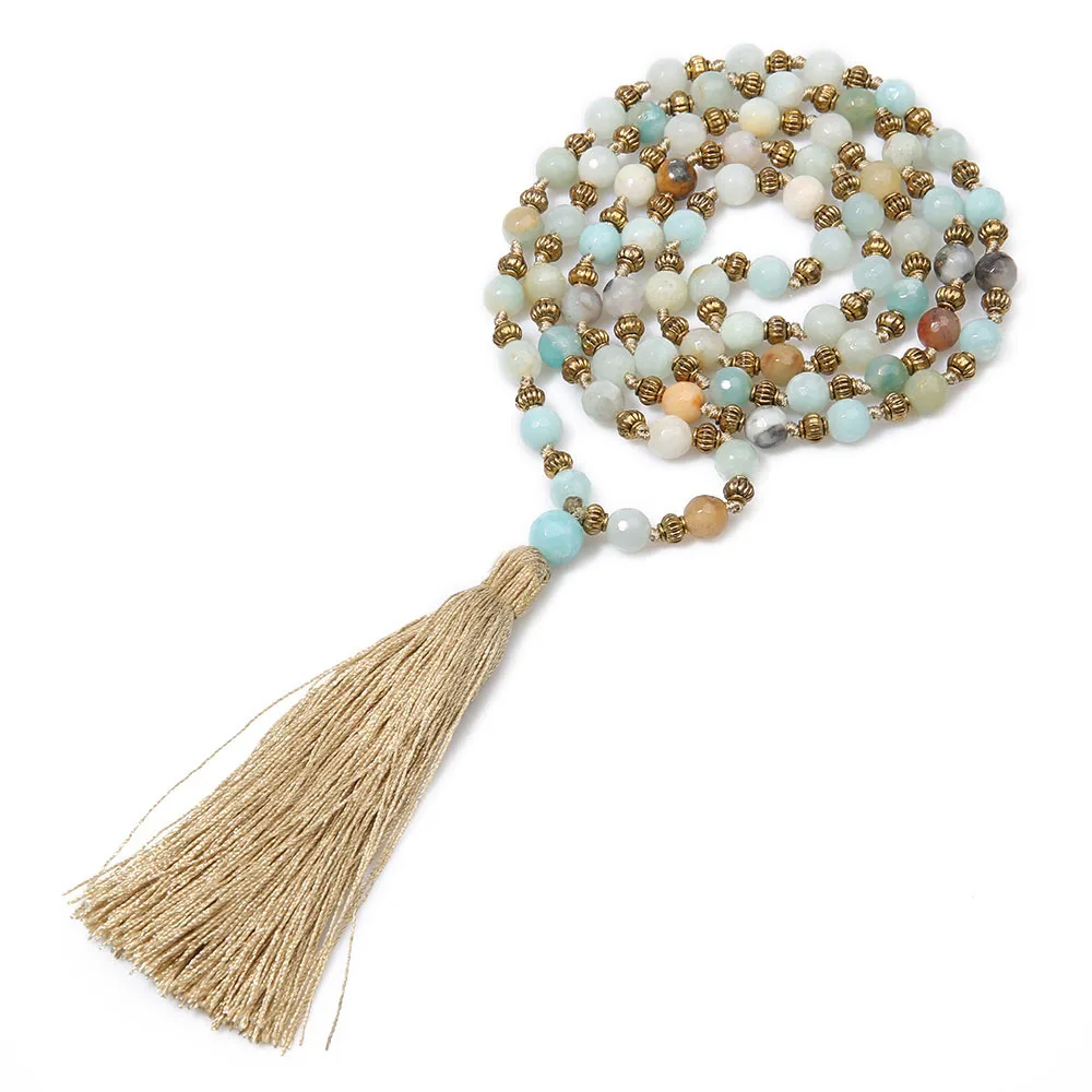 

Faceted Amazonite Alloy Lantern Beads Knotted Tassel Necklace 6mmNatural Stone Meditation Declaration Yoga Men and Women Jewelry