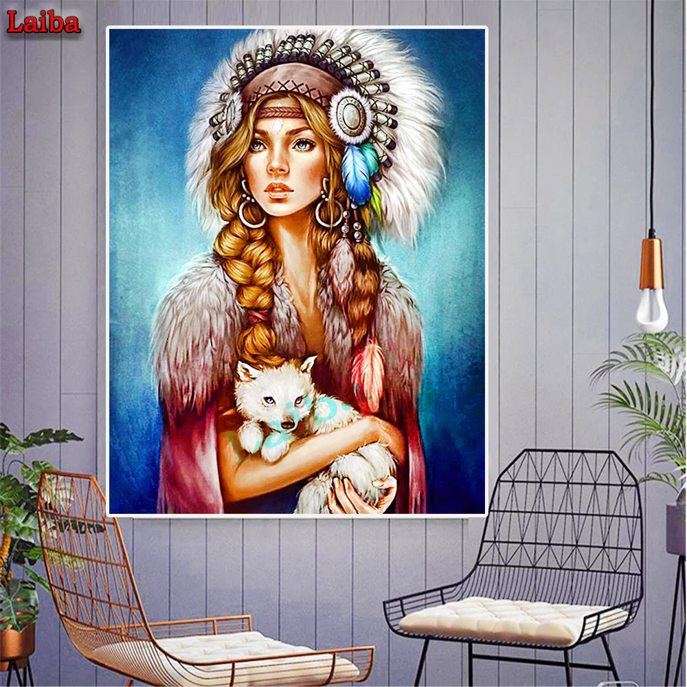 

Алмазная живопись "сделай сам", индийская женщина, лиса, 5d алмазная вышивка, 3d вышивка крестиком, полноразмерная круглая Алмазная мозаика, на...