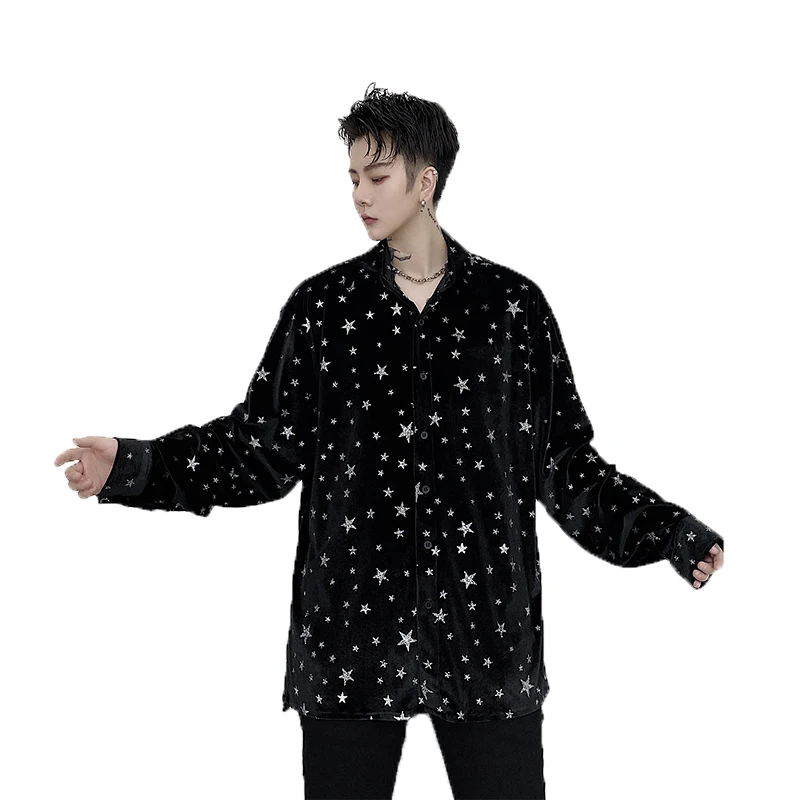 

Men Shirts Autumn Golden velvet Paste drill Long Sleeve Shirt Gothic Dark Streetwear Men Clothing Japan Style corduroy shirt