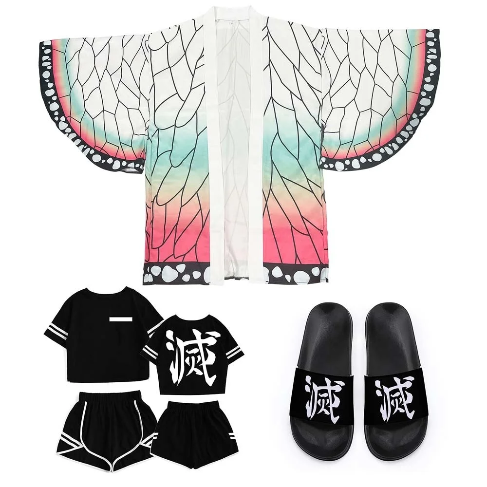 Demon Slayer 3 Piece Women Short Suit Flip Flop Slipper Crewneck Crop Sandal  Kamado Tanjirou Merch Anime Summer Casual Outfits