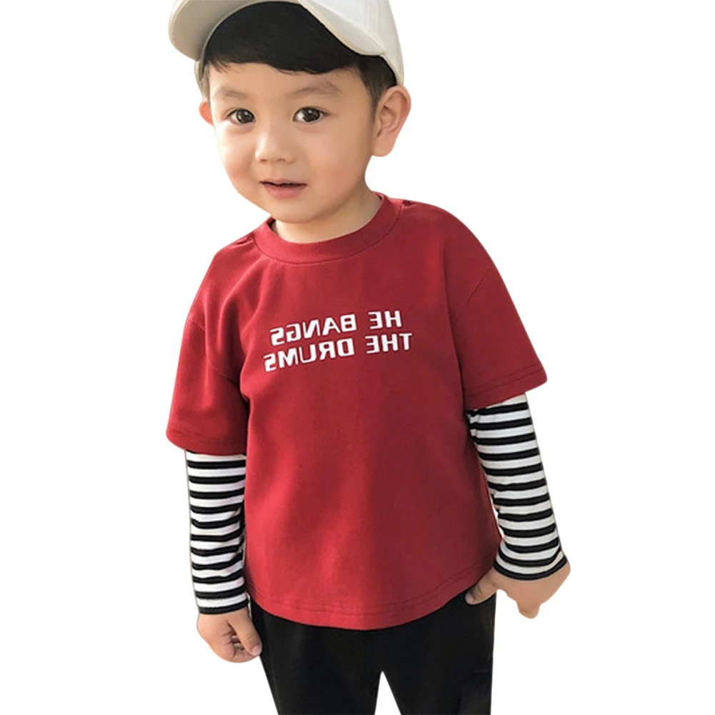 

Kids Boys Striped T-shirts Fake Two Pieces Round Neck Long Sleeves Tops for Summer YH-17