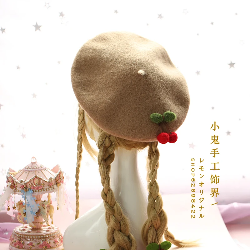 Мягкий милый Вишневый берет женский осенне зимний японский ручной работы из