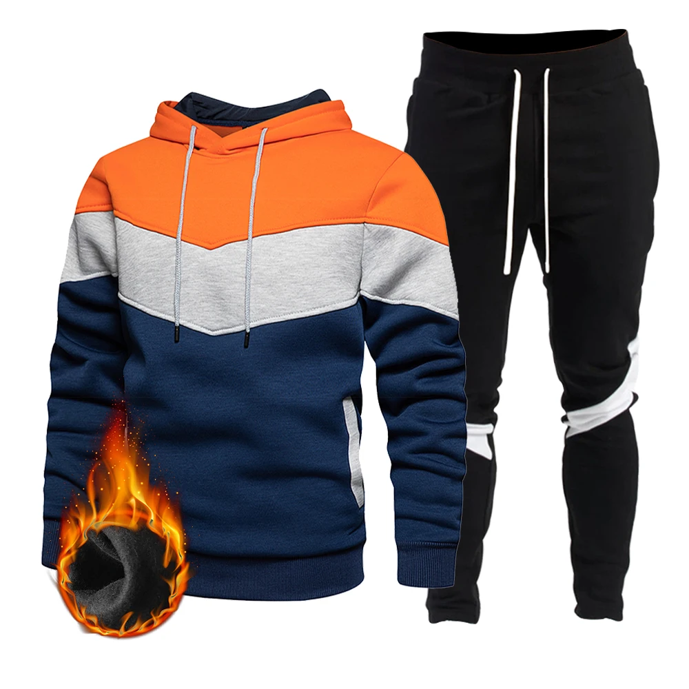

2021 Men's Brand High Quality Autumn Winter Hoodie + Trousers Suit Patchwork Sports Casual Hip Hop Hooded Streetwear 2-Piece Set
