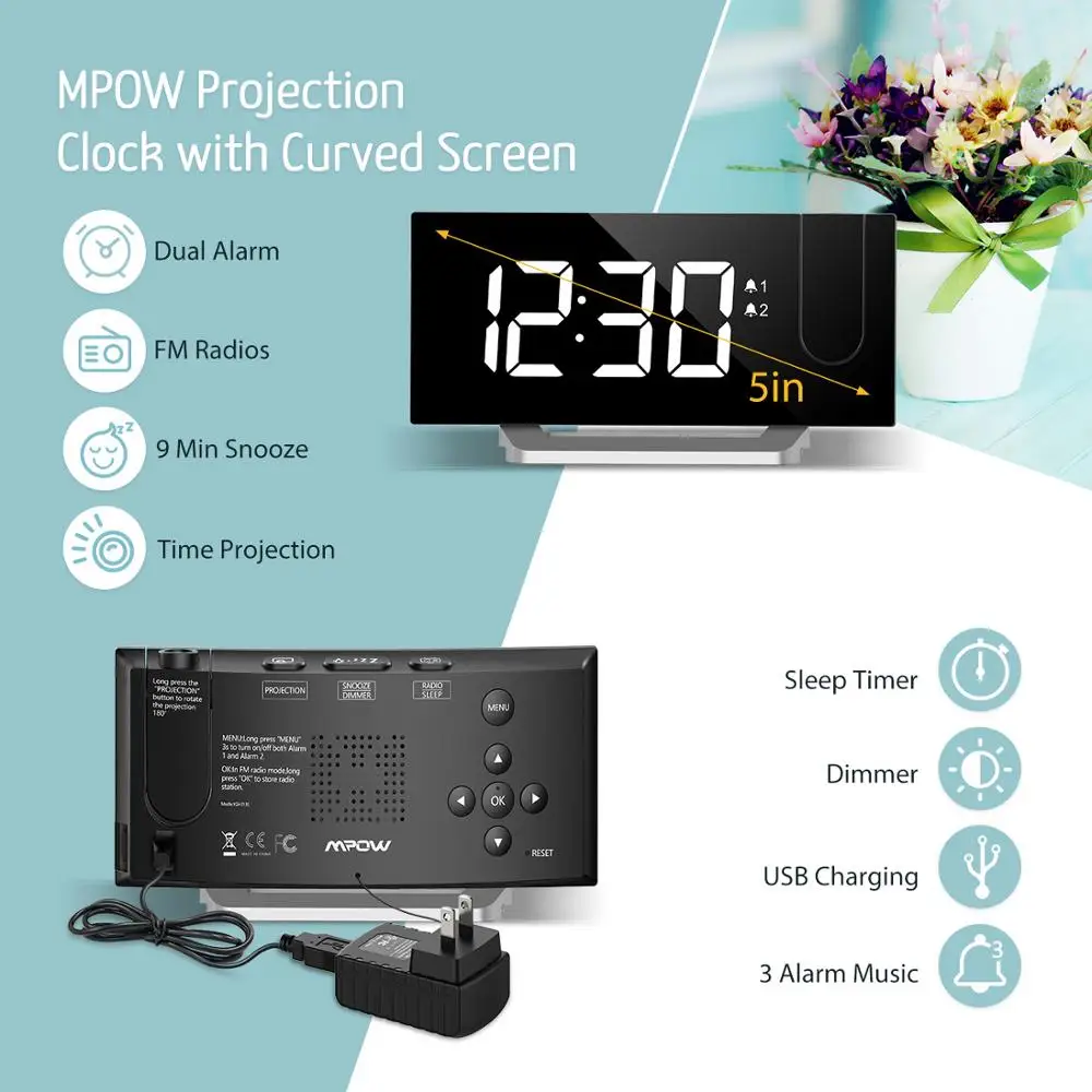 MPOW FM проекционный светодиодный Будильник с 5 дюймосветодиодный светодиодным