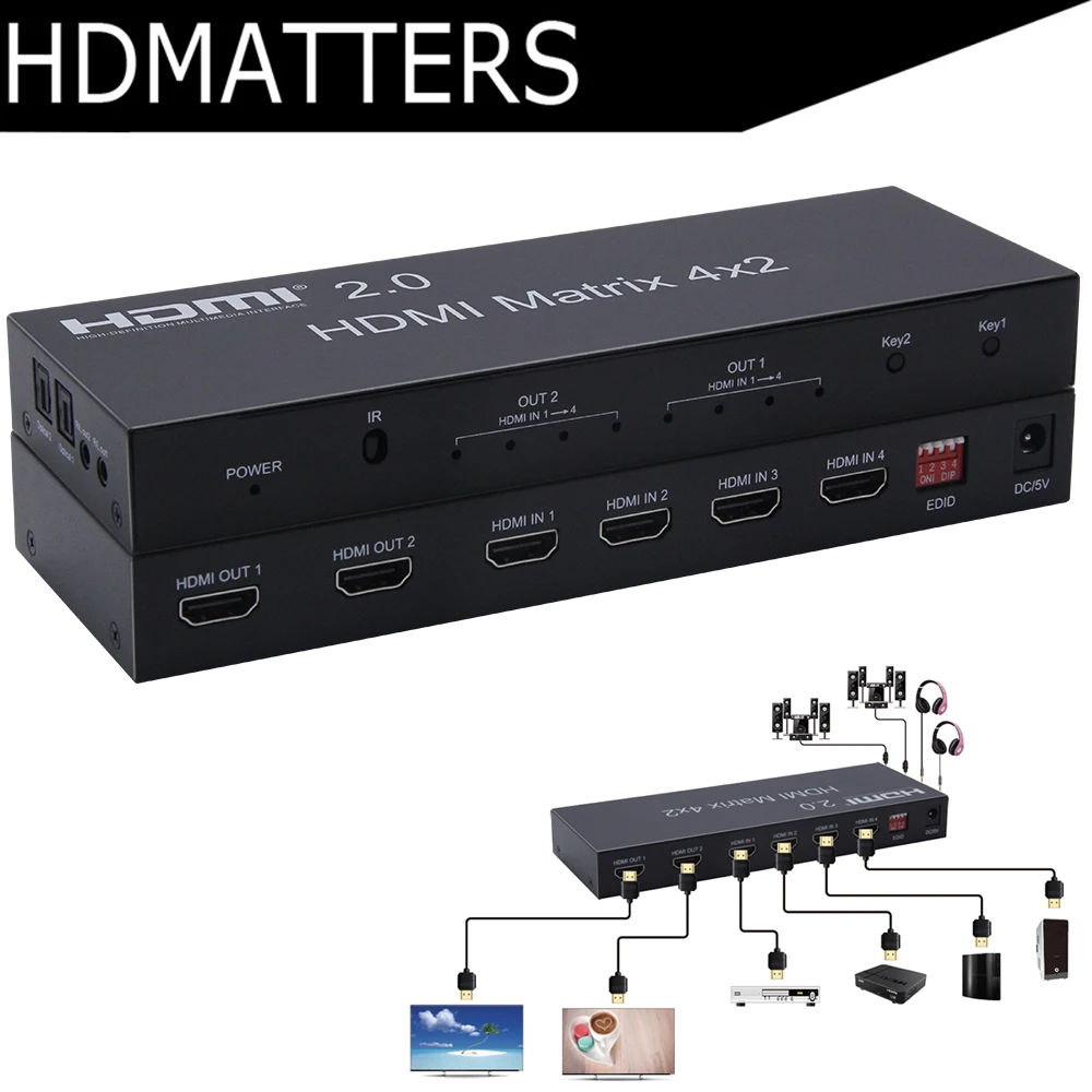HDMI2.0 HDMI матрица 4X2 с toslink аудио HDMI 2,0 матрица 4 в 2 из 4 к 60 Гц HDCP 2,2 с EDID& HDMI ИК-управлением