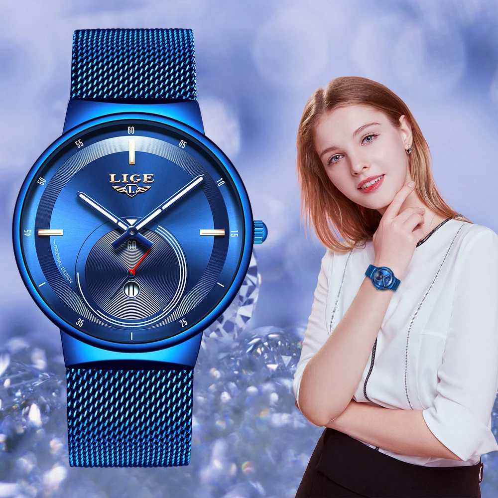 

Часы наручные LIGE женские кварцевые, модные креативные повседневные, с сетчатым браслетом из нержавеющей стали, роскошные дизайнерские