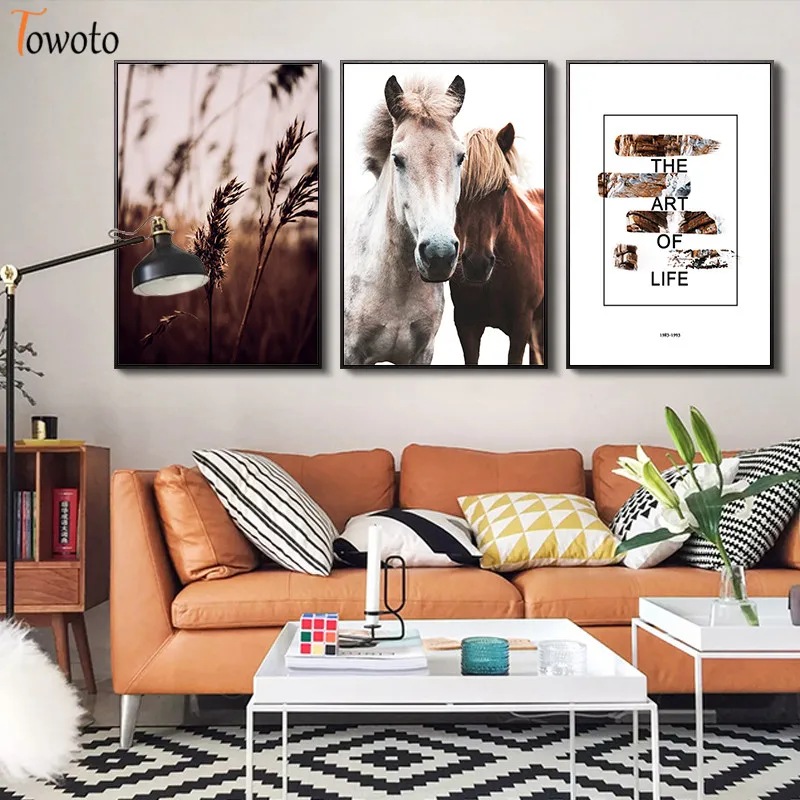 Коричневый Fild живопись на холсте с изображением лошади принт пейзаж