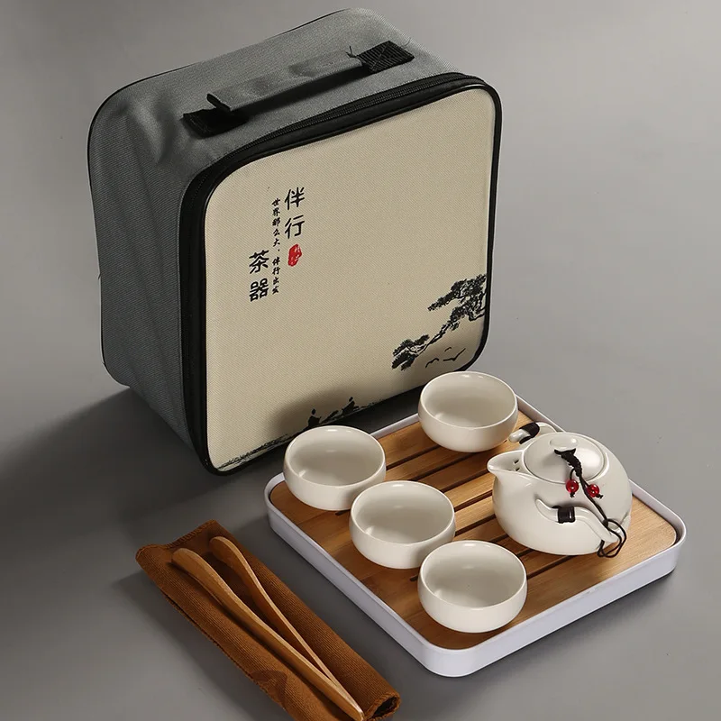 

Chinese tea set, ceramic travel tea set, portable bag, teapot, cup, simple household Kung Fu tea tray