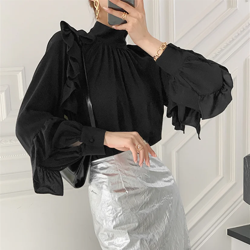 Блузка женская с длинным рукавом шикарный однотонный топ в Корейском стиле