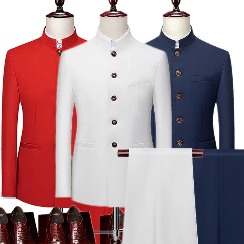 

2022 Fashion Men Retro Party 2 Piece Set Blazer Pants Luxury Embroidery Men Tang Suit Jacket Trousers Plus Size 2 Pcs Male Suit