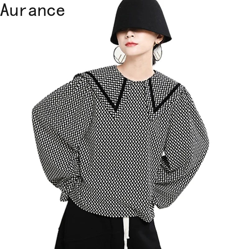 

[Aurance] Women Long Sleeve Loose Black Blouse New Peter Pan Collar Big Size Plaid Fit Shirt Fashion Spring Autumn tops 2021