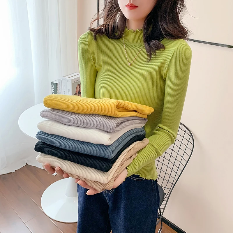 

Women Sweater Knitted Cotton Slim Top for Women Long Sleeve Top Women Solid Half High Collar Clothing White Female Basic Sweater