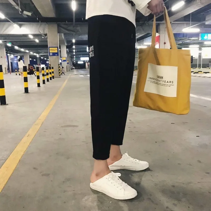 

Casual Pants Men Letter Embroidery Ankle Length Drawstring Korean Chic Leisure Fashion Loose Mens-pants Teens Ulzzang New Daily