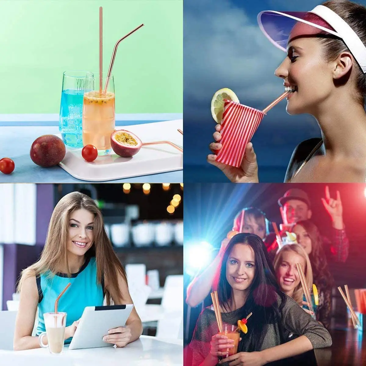 Розовое золото Цвет питьевой соломы Многоразовые металлические трубочки для