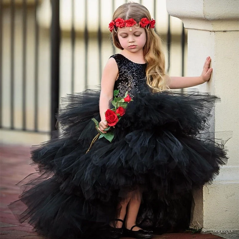 Новинка 2021, черная одежда в виде тюльпана, одежда для девочек с цветами для святой причастия, Бальное для детей, свадебное платье, Бракосочет...