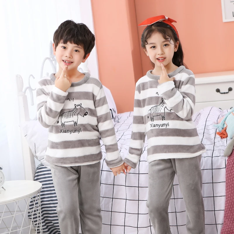 

Flannel Pajama Set For Kids Winter Long Sleeve Warm Homewear Children Boys Thick Fleece Pyjamas Girls Sleepwear Suit Teenage Pjs