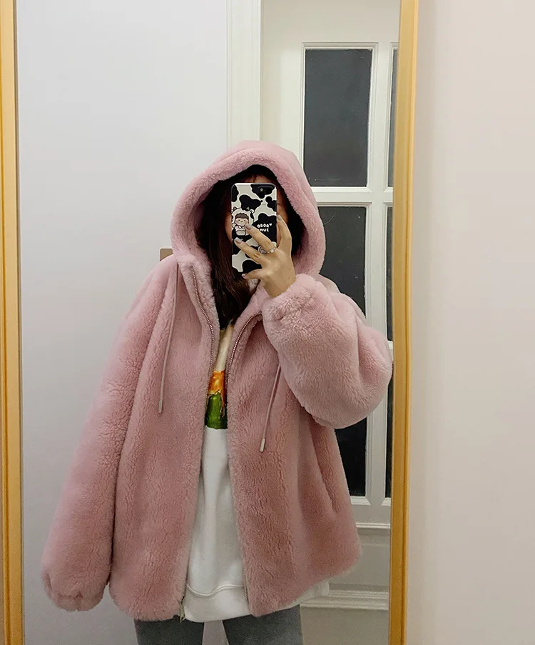 2021 Женское зимнее пальто с длинным рукавом и капюшоном из натуральной овечьей