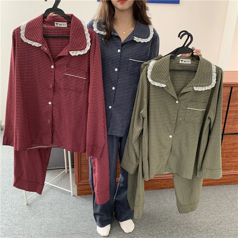 

korean chic plaid homewear women autumn spring sleepwear 2 piece set lacework peter pan collar long sleeve pajama set soft Y989