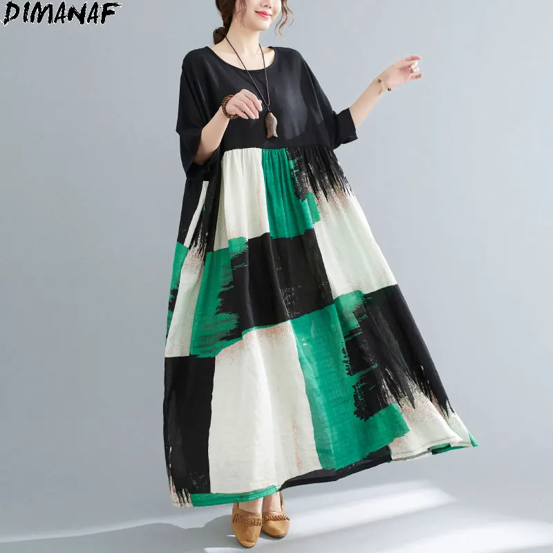 

Женское винтажное платье лоскутного покроя DIMANAF, длинное хлопковое платье черного цвета в клетку, Повседневное платье большого размера 5XL, ...