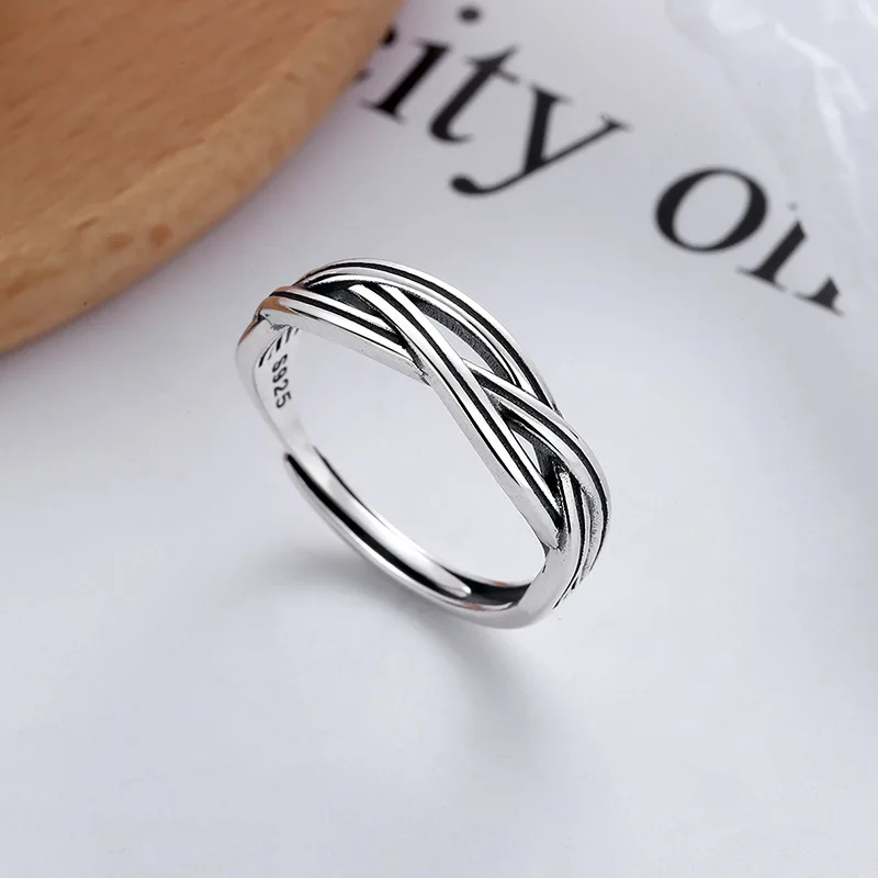 

FANRU S925 Sterling Silver Ring Cross-entanglement Women's Vintage Style Female Resizable Open Punk Ring Fine Gift Jewelry