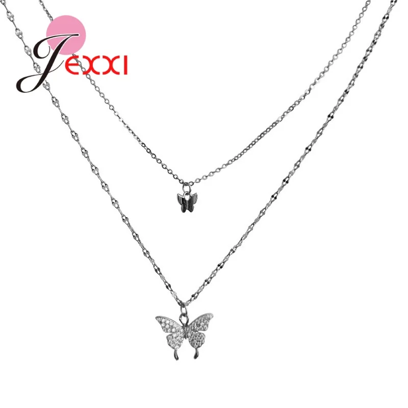 

New Arrival Women Girls 925 Sterling Silver Butterfly Pendant Necklaces Hot Sale 2PCS Chains Necklaces Wholesale Jewelry
