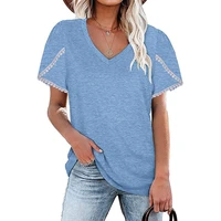 2021 summer new womens solid color v neck lace petal short sleeve t shirt ladies fashion casual loose streetwear tee shirt tops