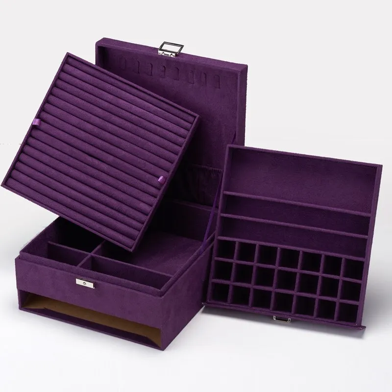 

3-Layer Flannel Jewelry Organizer Box Necklaces Earrings Rings Storage Case Large Capacity With Lock for Women