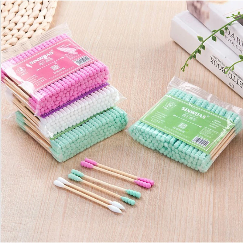 

100pcs/Pack Double Head Cotton Swab Women Makeup Cotton Buds Tip Wood Sticks Nose Ears Cleaning Health Care Tools
