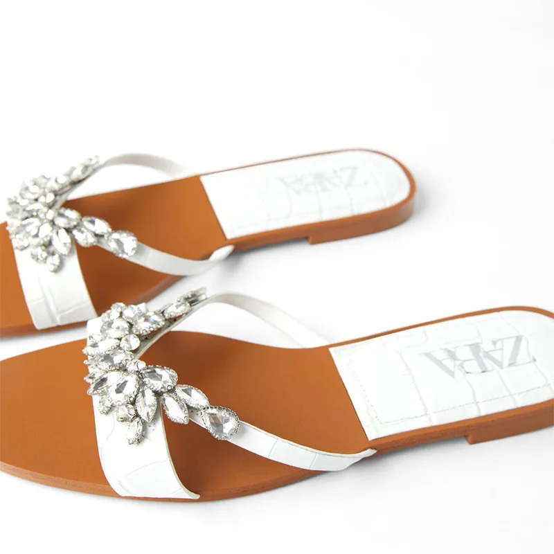 

ZAR 2020 Flip Flops Summer New Women's Shoes Flat-Bottomed Women's Acrylic Diamond Flat-Heeled Sandals Luxury Plus Size 35-40