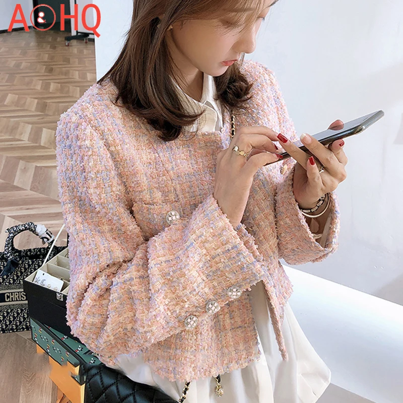 

Женское твидовое короткое пальто, элегантное универсальное пальто розового цвета с длинным рукавом, весна-осень 2021