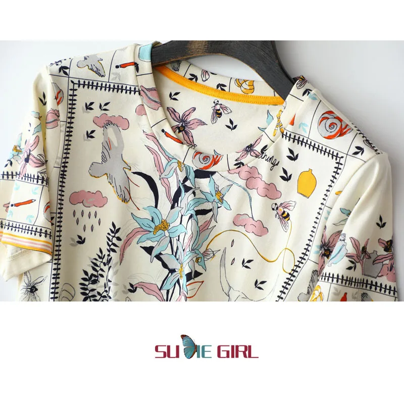 

SUDIE Girl Summer PIMA cotton nobility round neck short sleeves are thin and fun printed straight tube waist dress