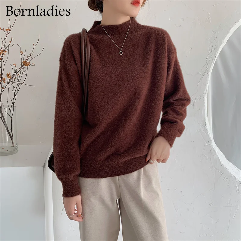 

Bornladies Autumn Winter Loose Soft Pullover Warm Sweater with Fluff for Women Kniited Fashion Solid Sweater Korean Women Pull