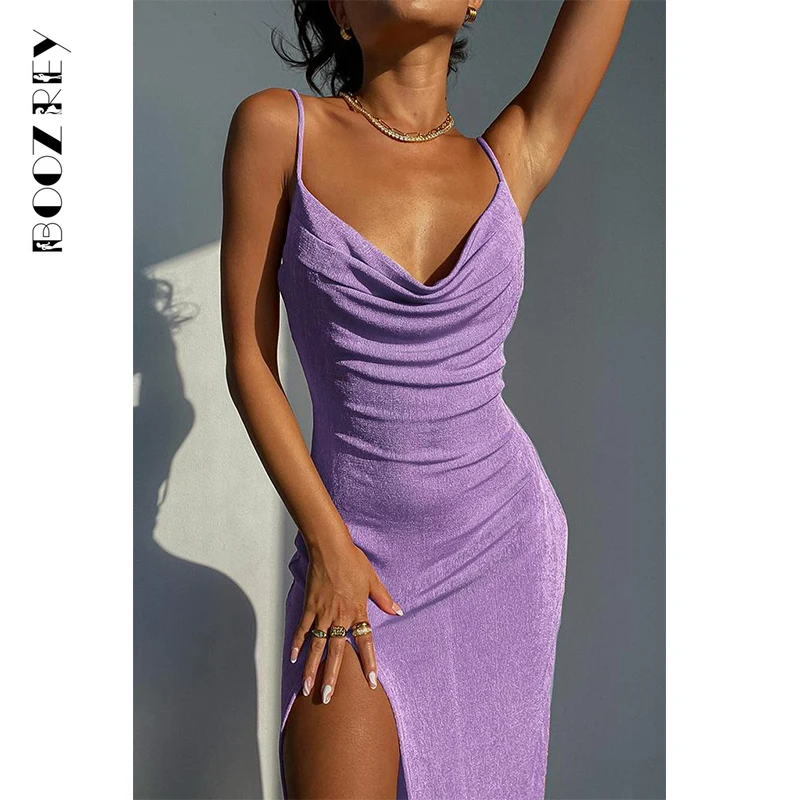 

BoozRey Elegant Backless High Slit Draped V Neck Midi Dress Evening Sexy Party Club Summer Women Sleeveless Strap Long Dresses