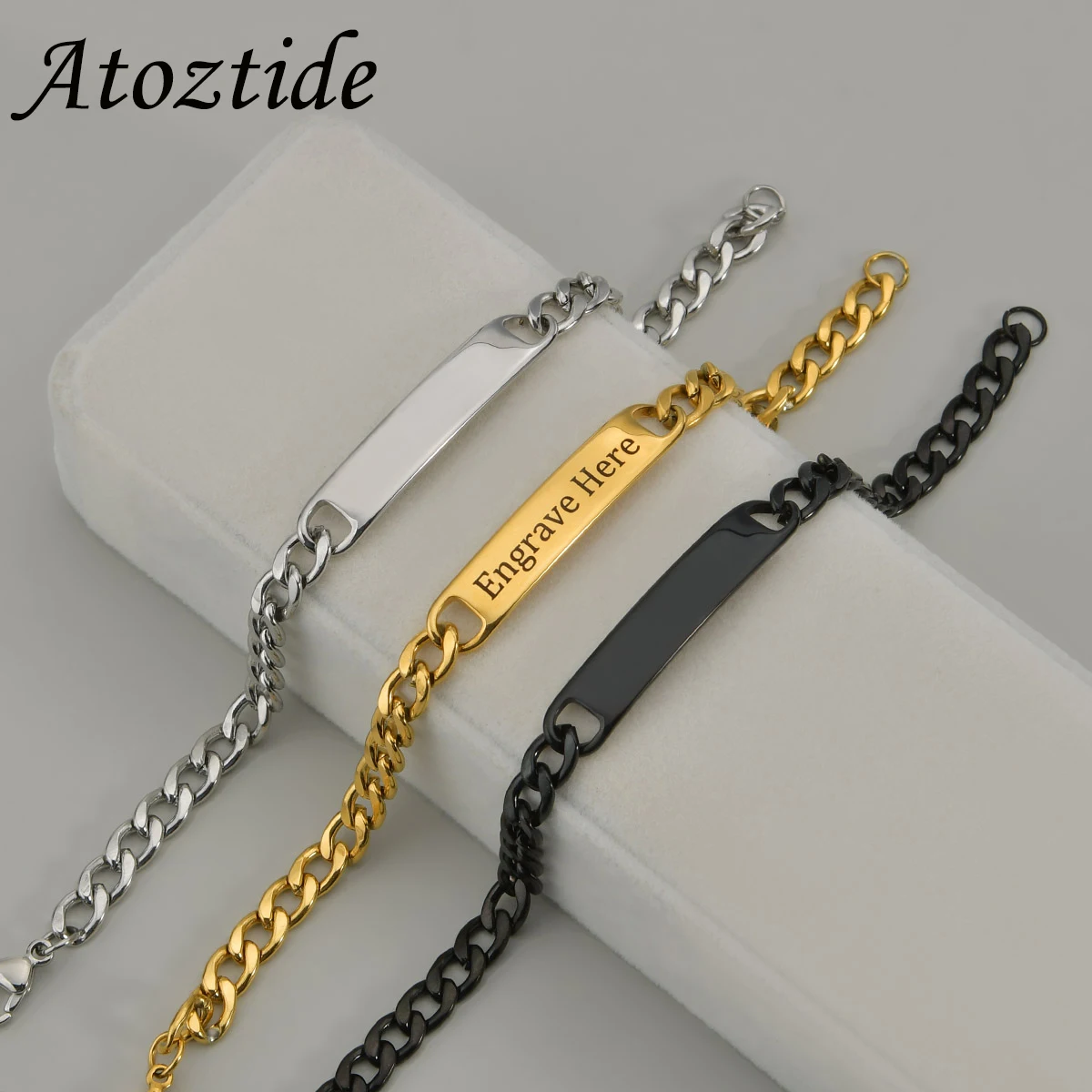 Atoztide-pulsera de acero inoxidable para hombre y mujer, brazalete con placa con nombre y palabras personalizadas, cadena de eslabones ajustable, regalo de joyería personalizado