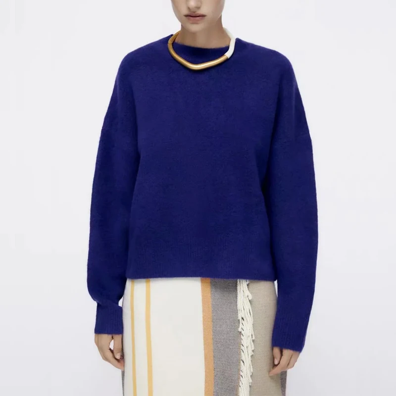 

Za 2021 Blue Knitted Sweater Women Autumn Winter Long Sleeve Sweater Pullover Soft Girl Knit Top Woman Loose Sweaters