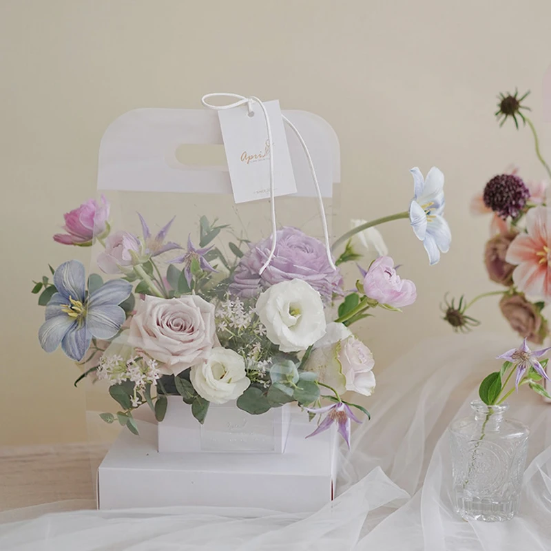 

Transparent Clear Flower Packaging Bag with Handle Bouquet Gift Paper Boxes for Wedding Valentine Day