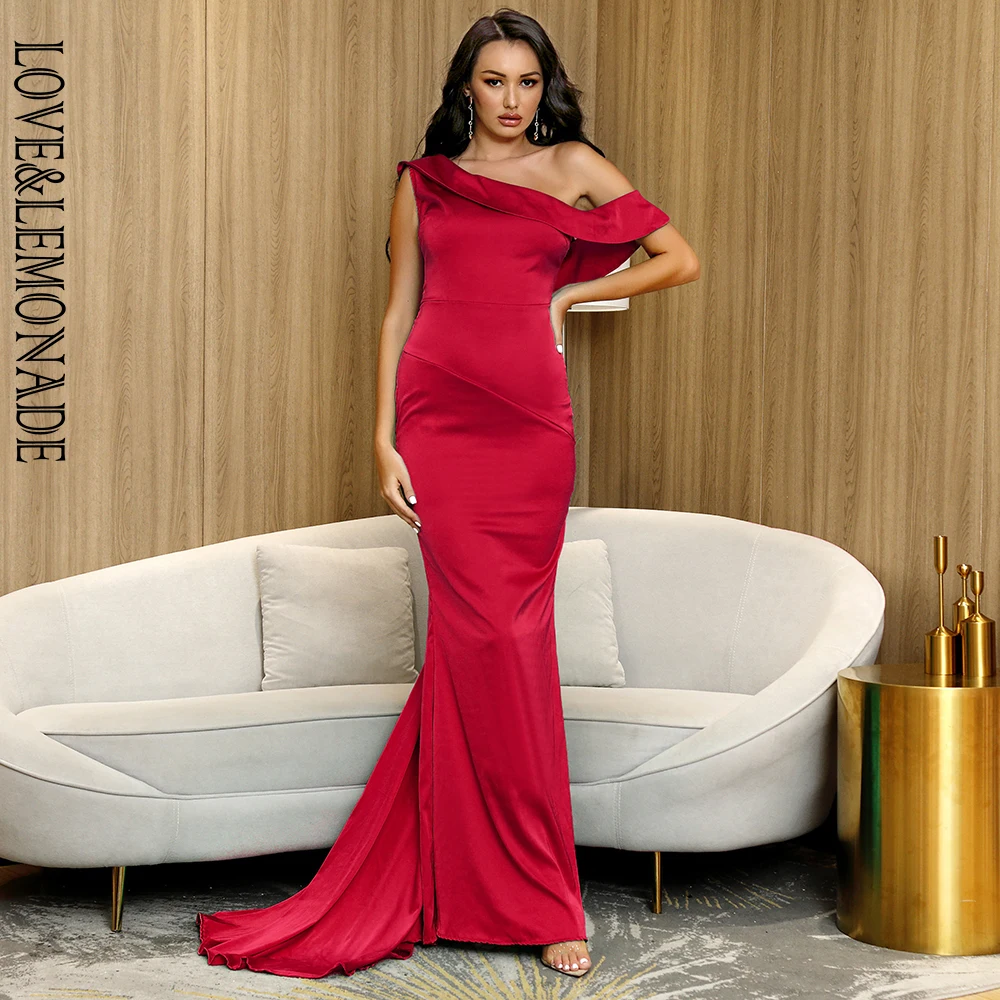 Женское платье на одно плечо LOVE &amp LEMONADE темно-Красное Облегающее Платье из