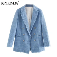 kpytomoa women 2021 fashion office wear double breasted tweed blazer coat vintage long sleeve frayed female outerwear chic tops