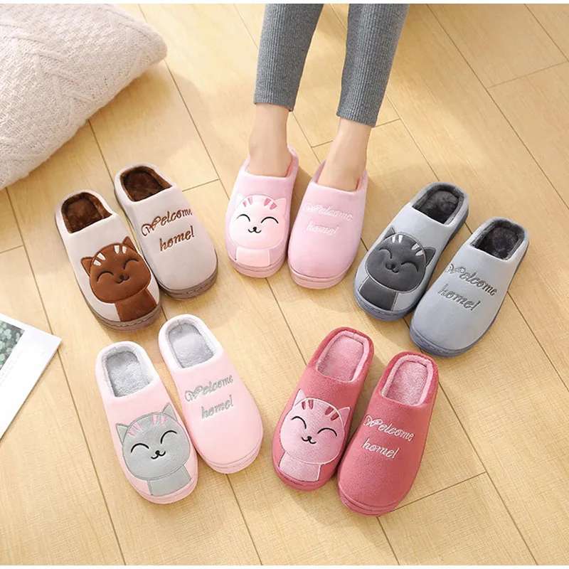 

Women Winter Warm Home Slippers Couple Shoes Female Plush Cat Animal Slip On Soft Indoor Flats Comfort Ladies Man Plus Size