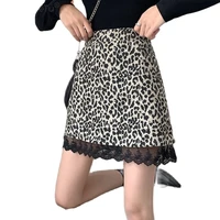 lady lace hem stitching short hip skirt korean girls sexy club slim high waist retro leopard print a line skirts