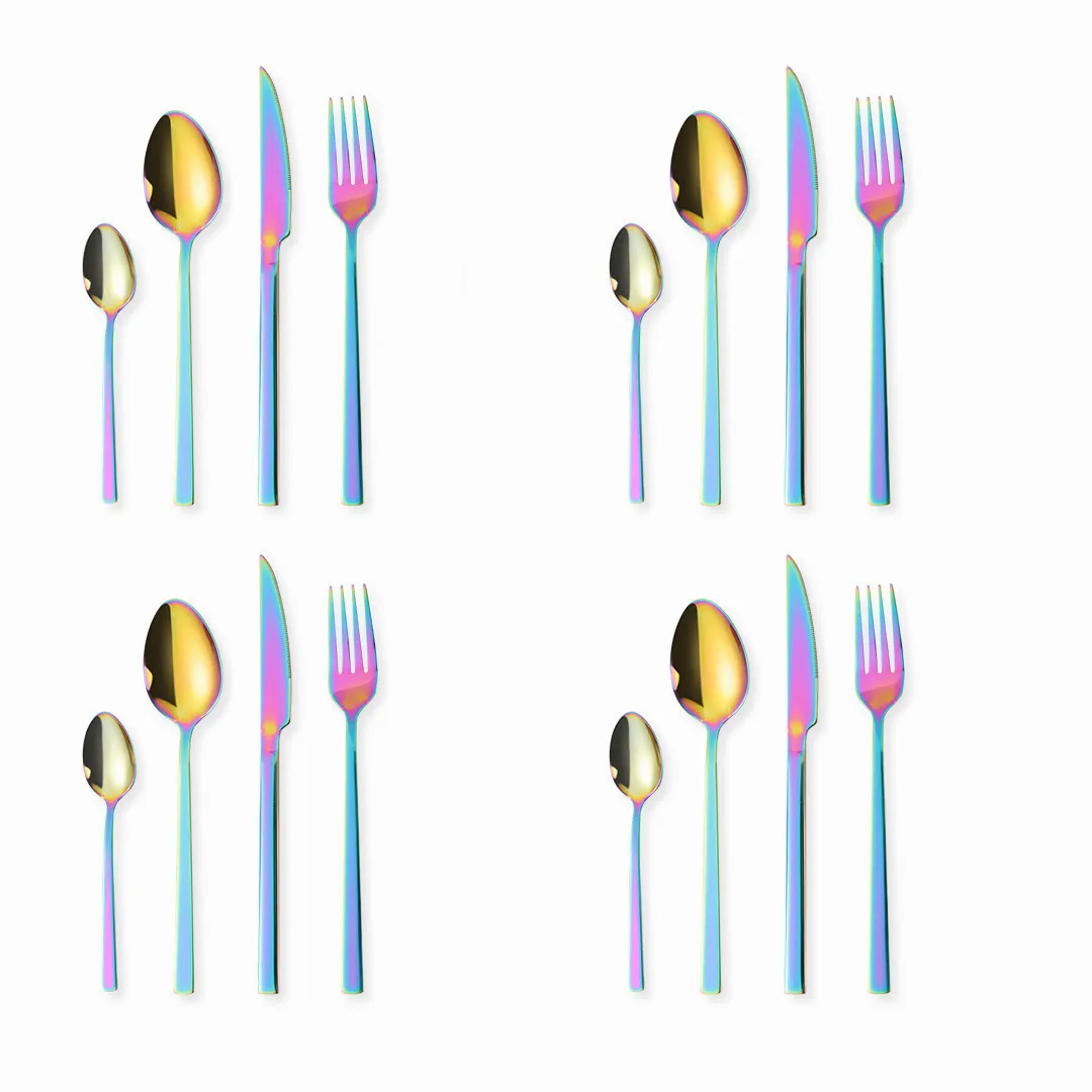 Cutlery Rainbow Stainless Steel Cutlery Set 16 Piece Kitchen Set Dinnerware Forks Spoons Knives Set Tableware Mirror Flatware