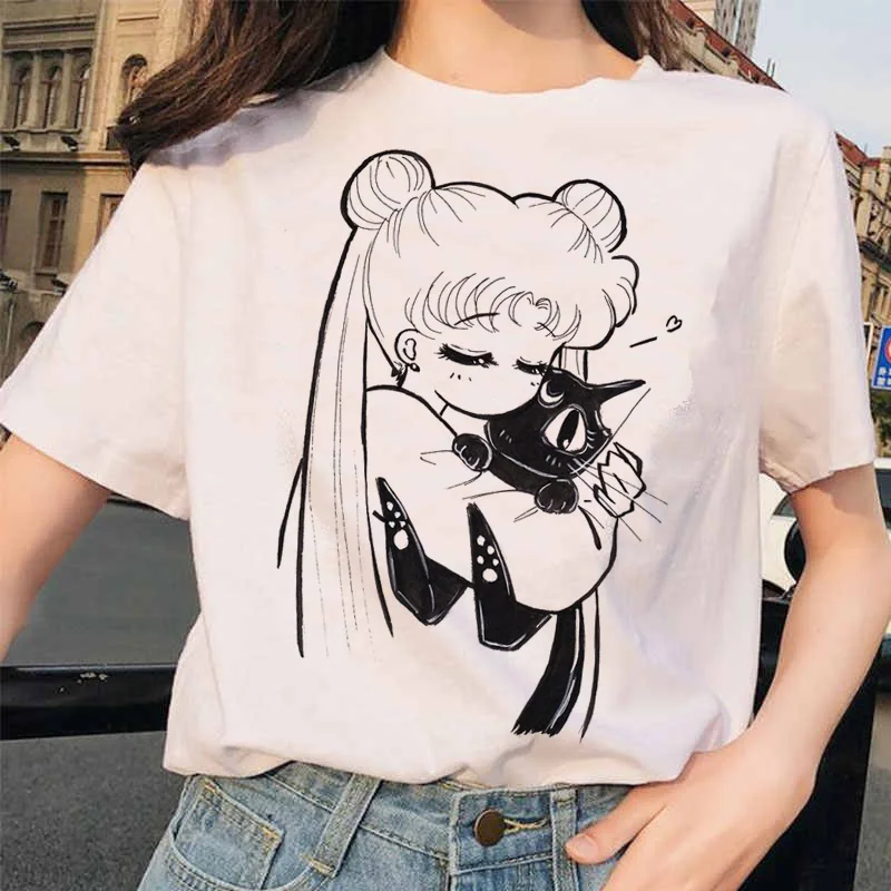 Sailor Moon 90s Funny T Shirt Harajuku clothes Tshirt Aesthetic cat Anime Women Cute Female T-shirt Kawaii Tees Fashion Ullzang | Женская