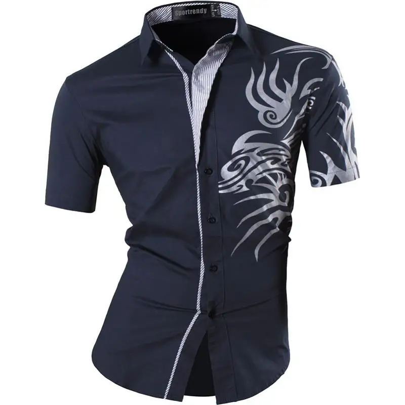 JZS058-Navy Sportrendy, мужские рубашки, повседневные, модные, короткий рукав, летние, облегающие, с драконом, стильные, с принтом таттон, JZS056 - Цвет: JZS058-Navy